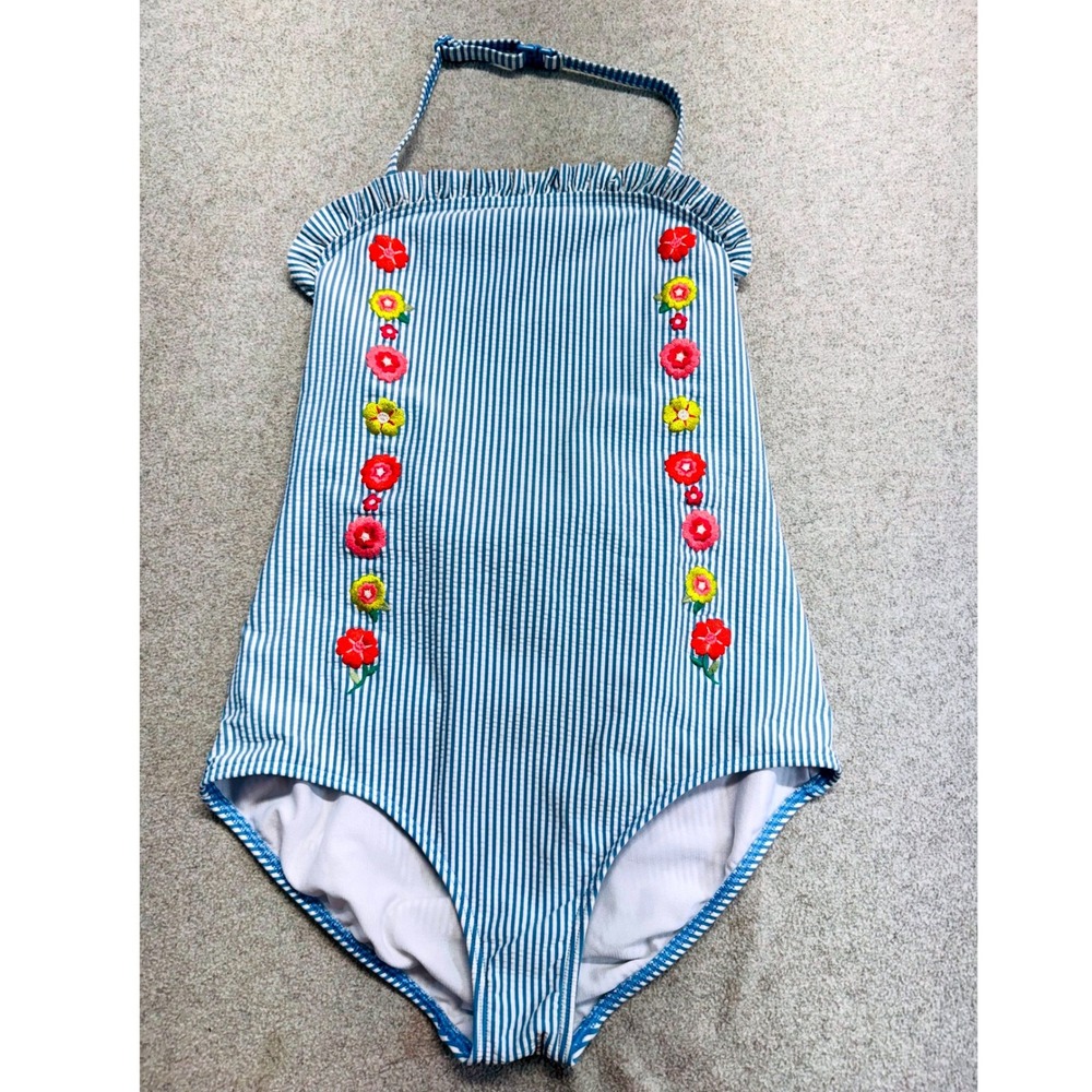 Boden Girl 11-12Y Blue White Stripe One Piece Swimsuit Embroidered Floral Halter